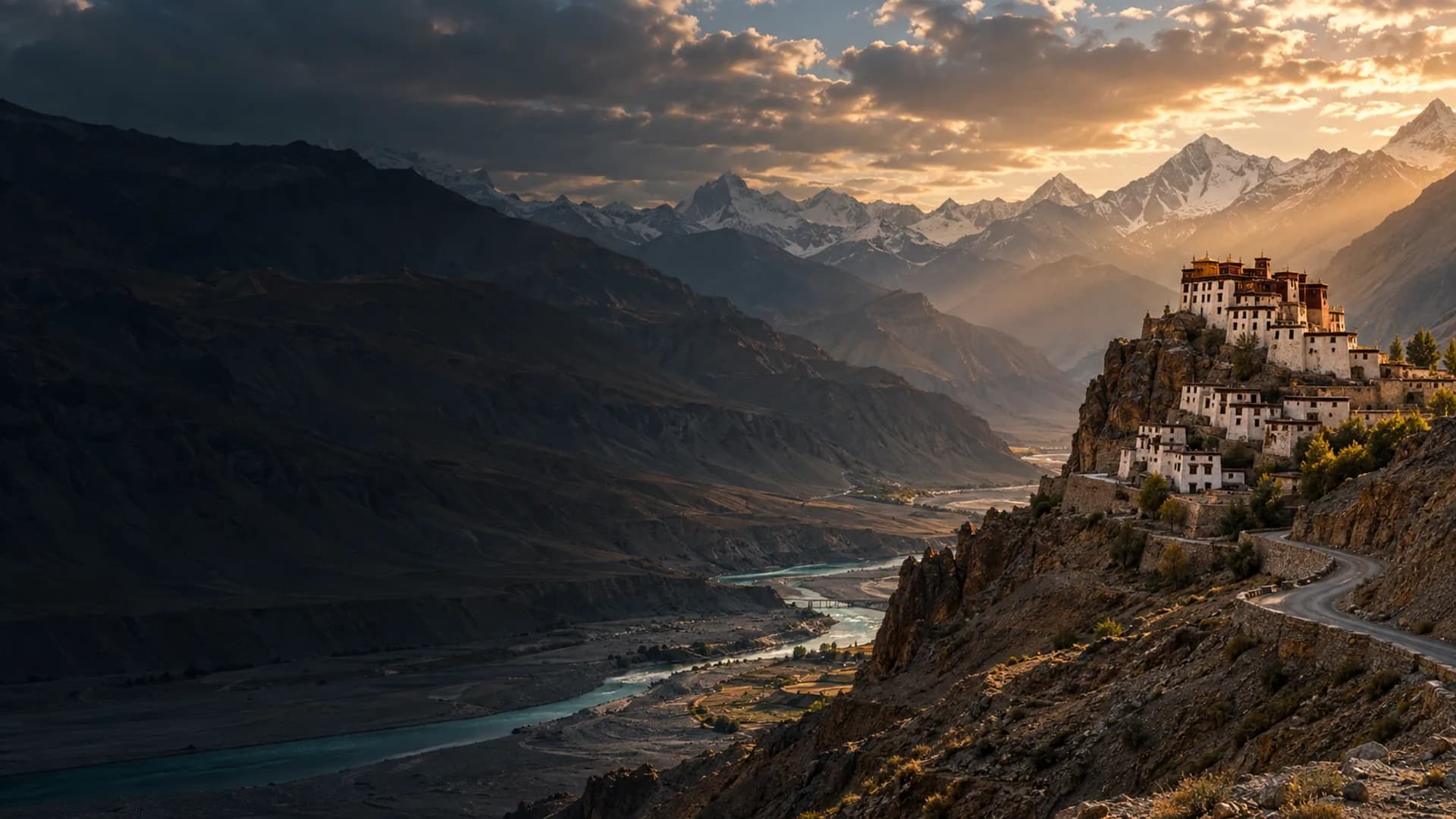 A historic monastery overlooking the Spiti river and Himalayan high passes
