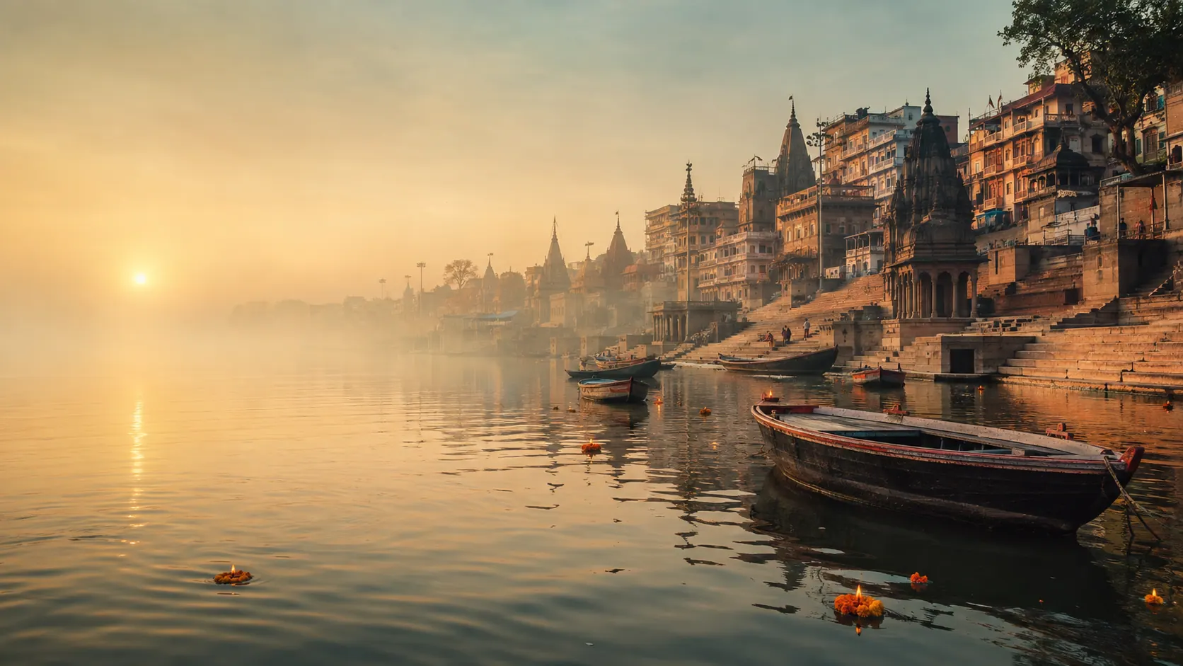 Morning light over the ancient ghats beside the Ganges