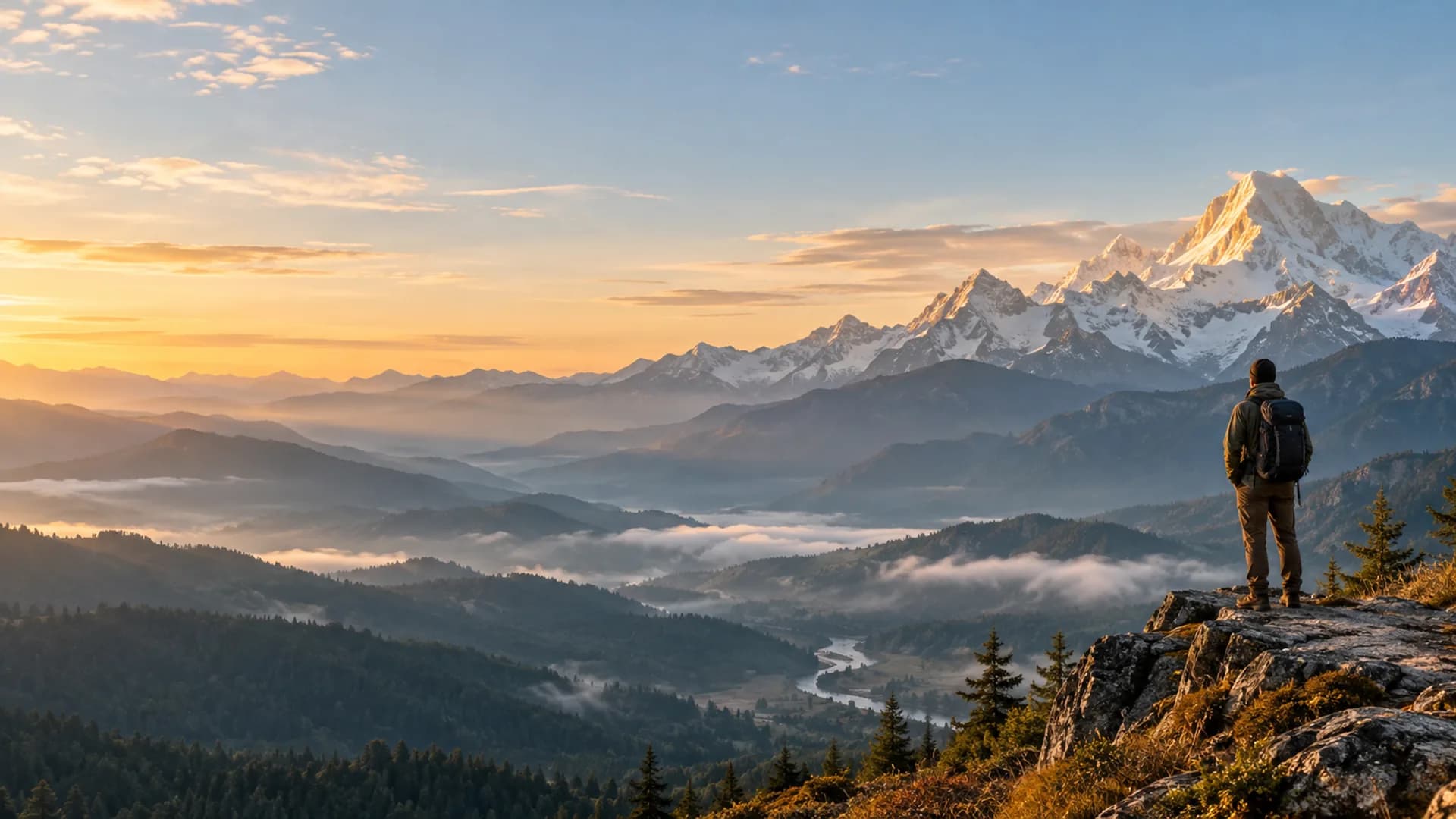 A traveller looking over a valley in the Himalayas at sunrise