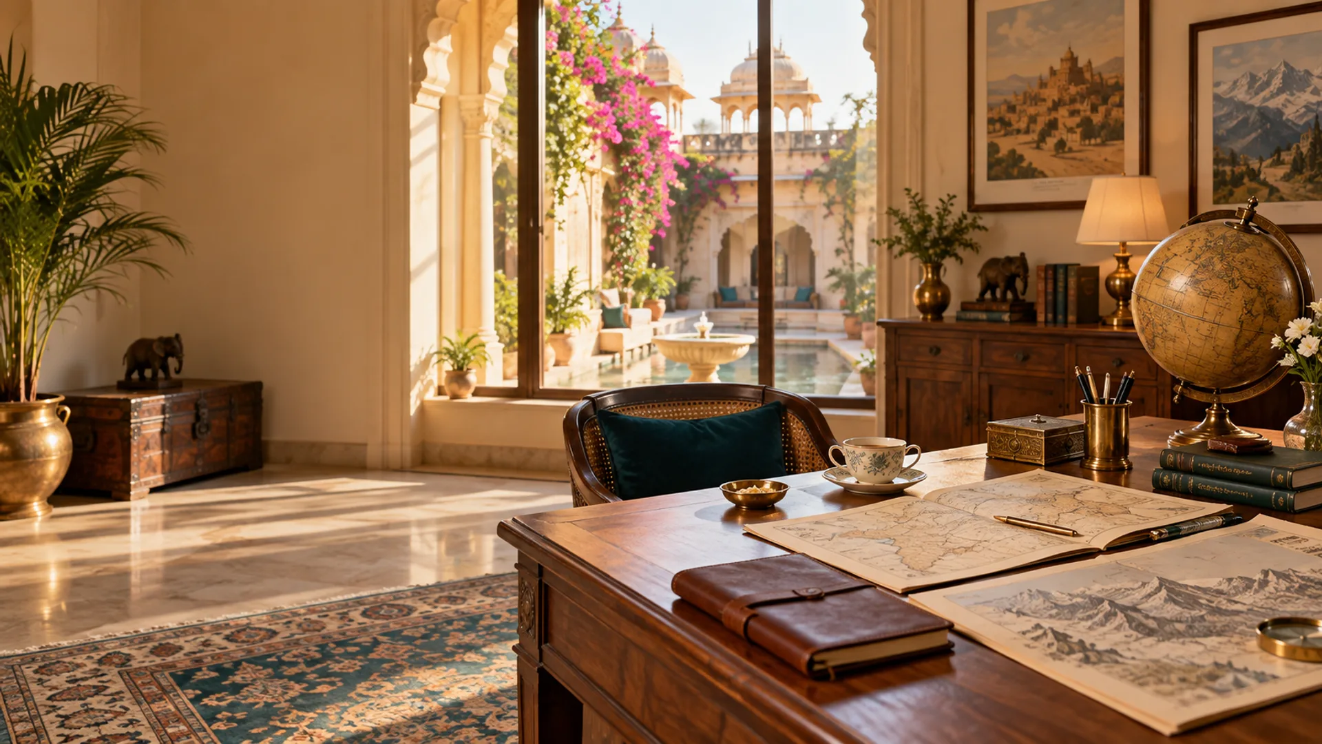 A warm private travel-planning studio overlooking an Indian heritage courtyard