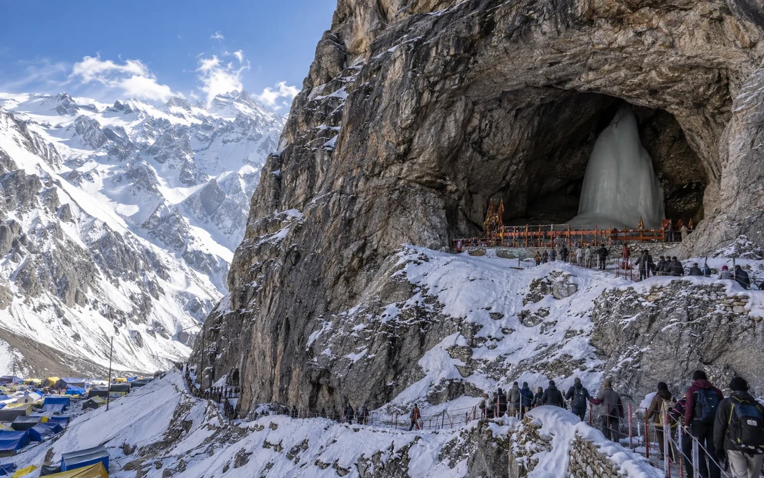 Amarnath cave pilgrimage route surrounded by snowy Himalayan peaks
