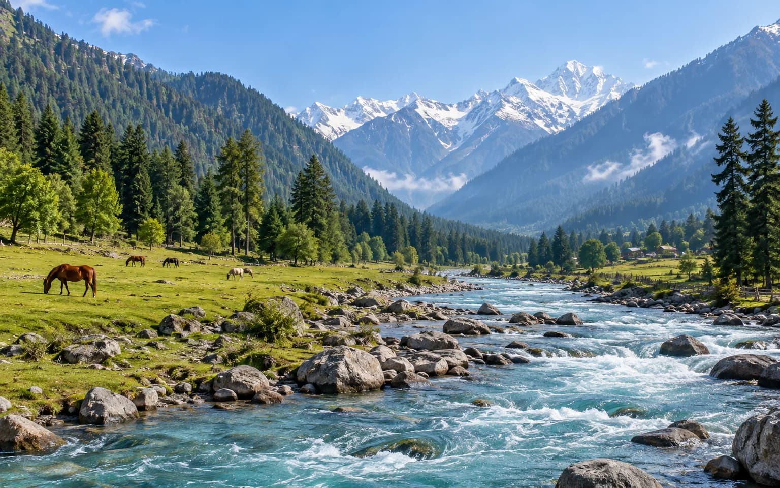 Lidder River flowing through green Pahalgam valley below Himalayan peaks
