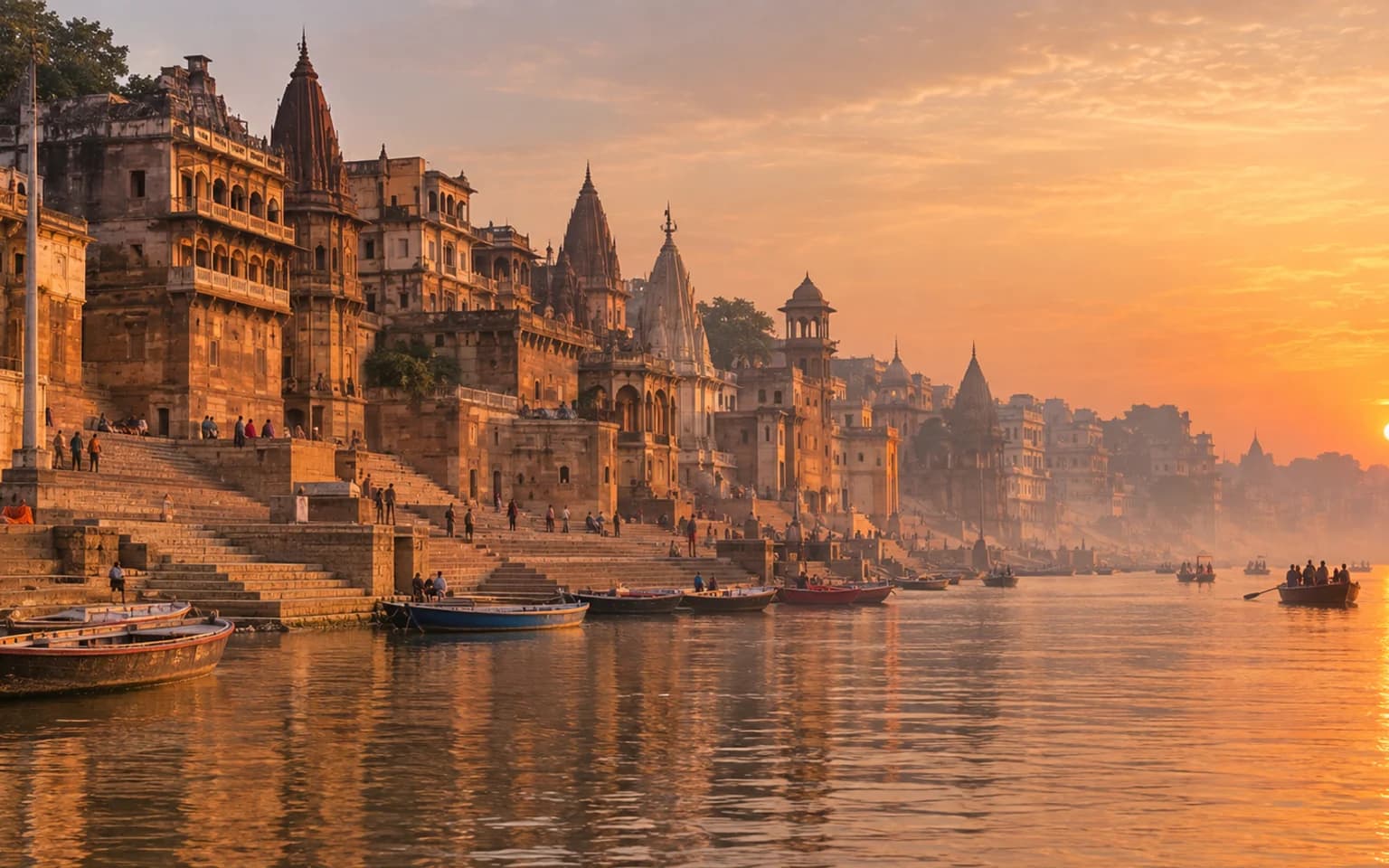 Historic Varanasi ghats and wooden boats along the Ganges at sunrise