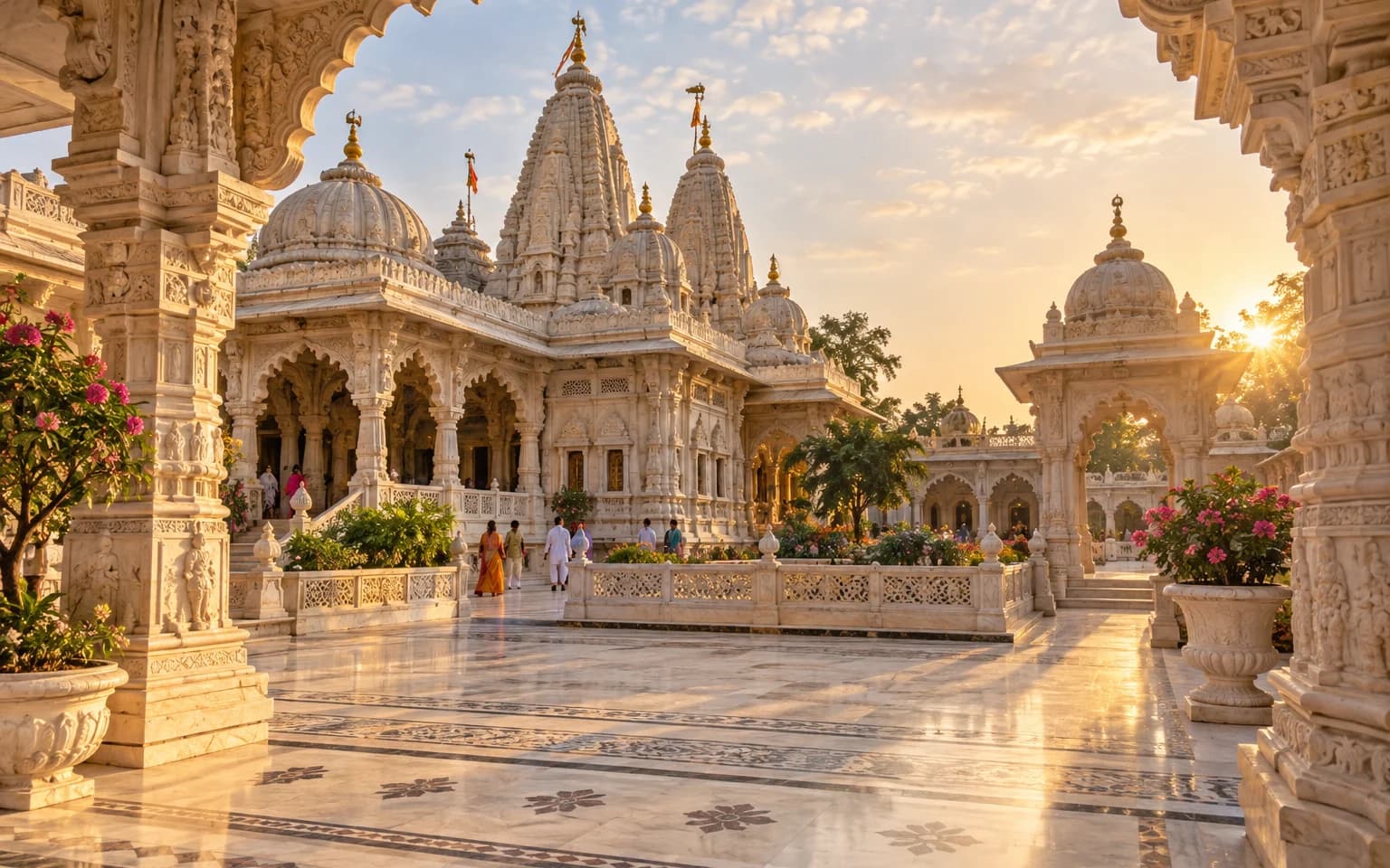 Ornate cream-stone temple courtyard inspired by Vrindavan and Mathura