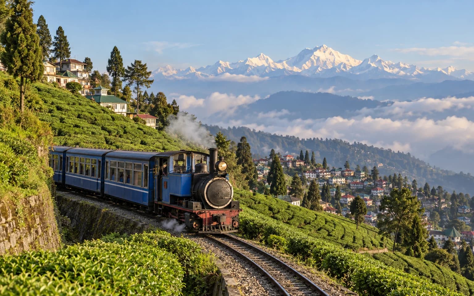 A blue heritage Toy Train in Darjeeling's hills