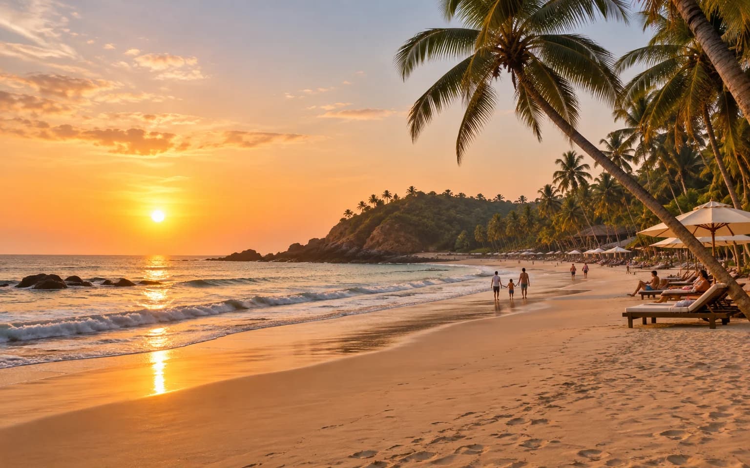 Palm-lined Goa beach beside the Arabian Sea at sunset