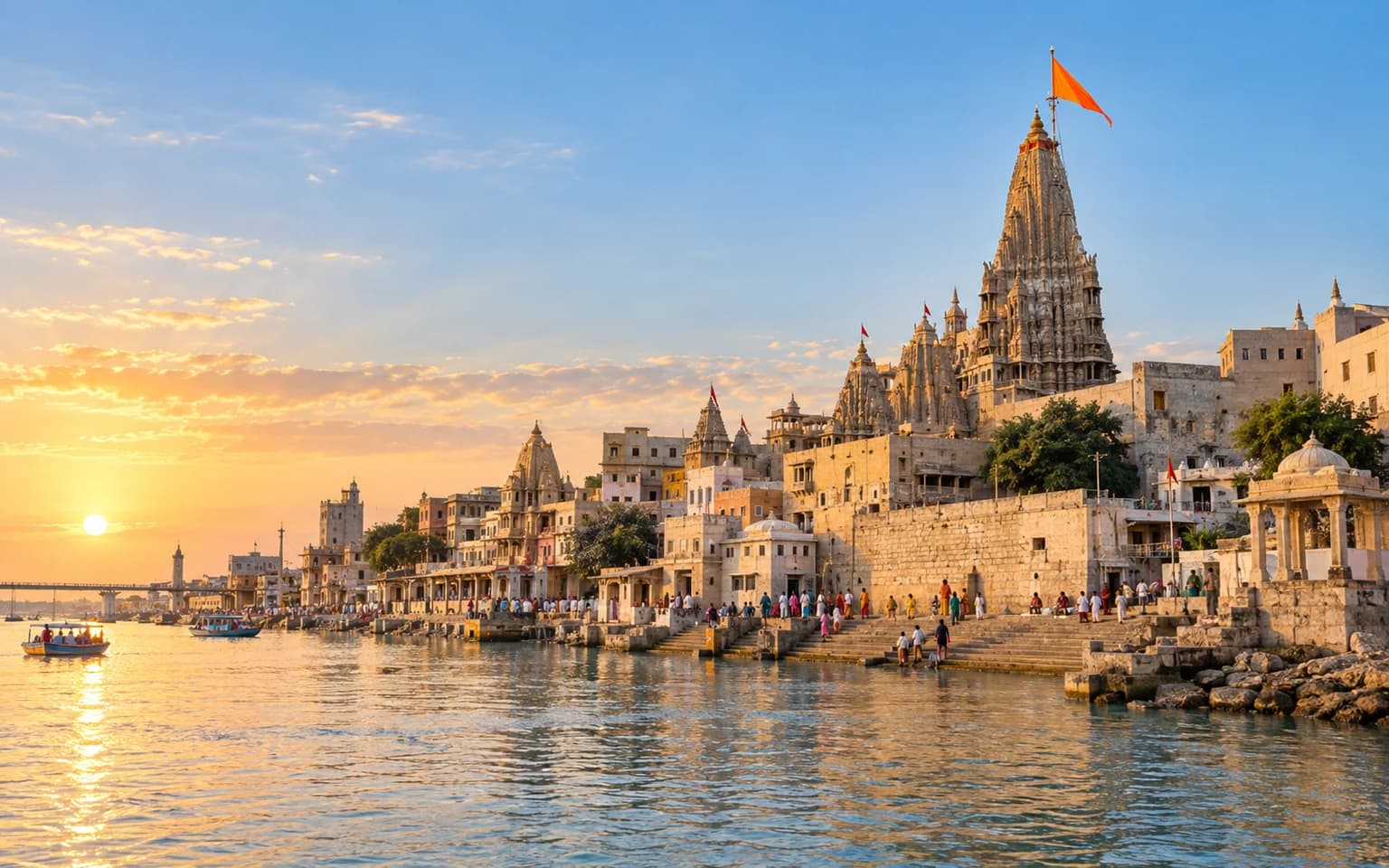 Dwarkadhish Temple beside the Gomti riverfront at sunrise