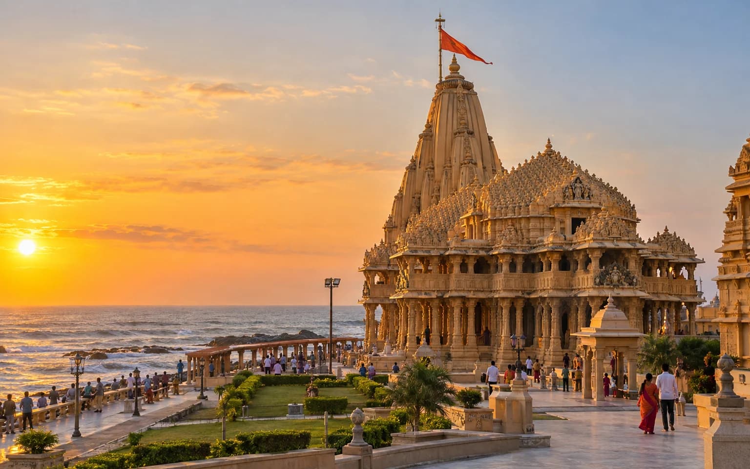 Somnath Temple overlooking the Arabian Sea at golden hour