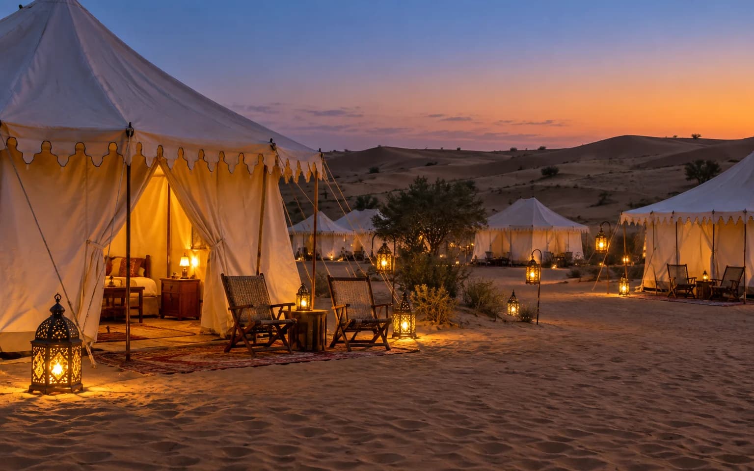 Illustrative desert camp with canvas tents and warm lanterns near Sam