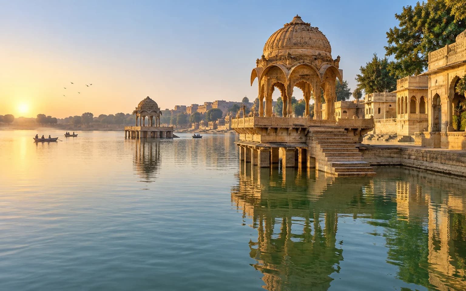 Sandstone pavilions reflected in the calm waters of Gadisar Lake