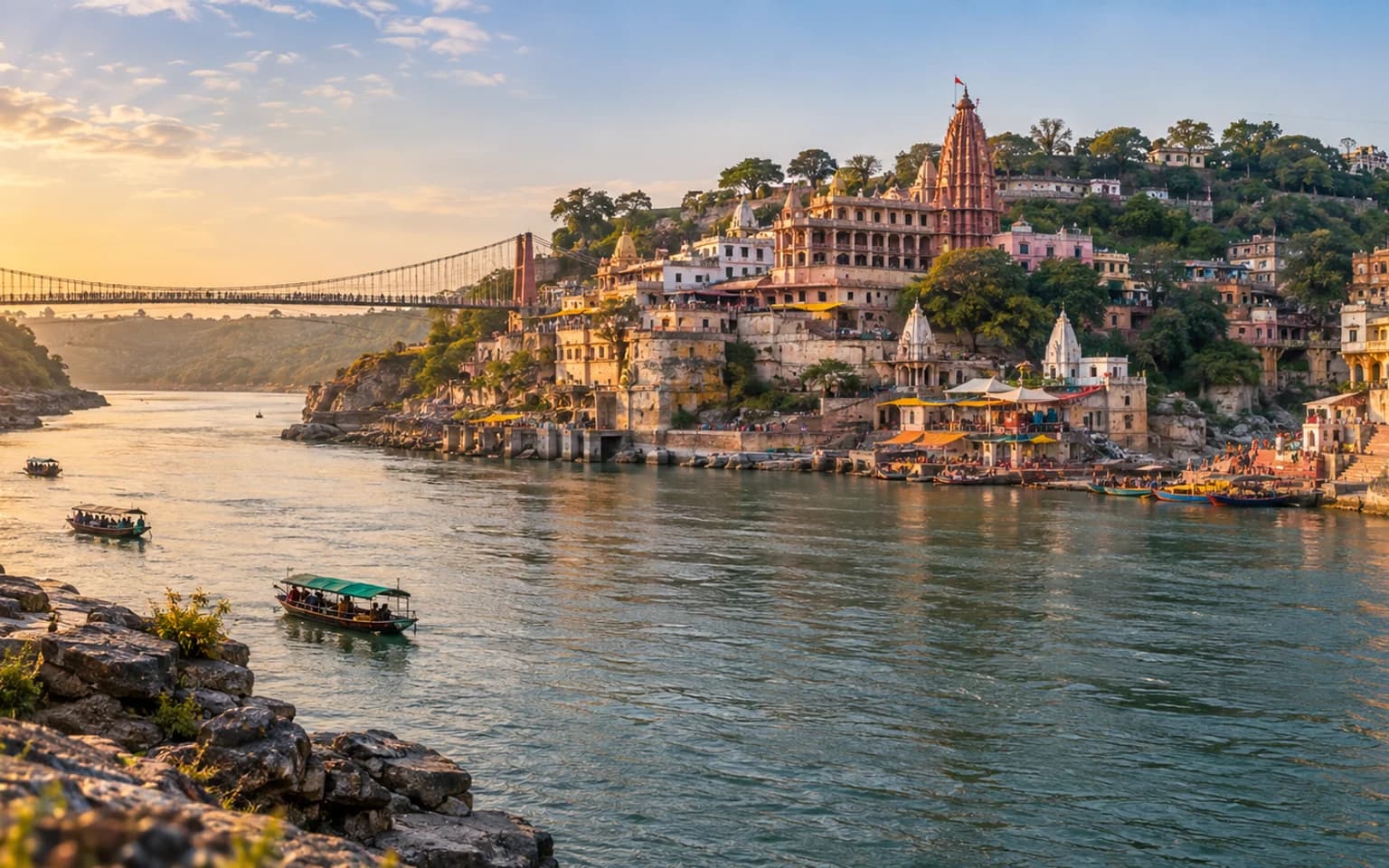 Omkareshwar temple town and suspension bridge beside the Narmada River