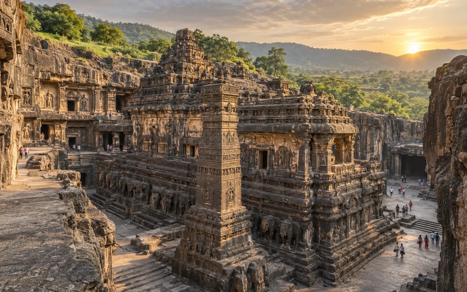 Rock-cut Kailasa temple architecture at the Ellora Caves