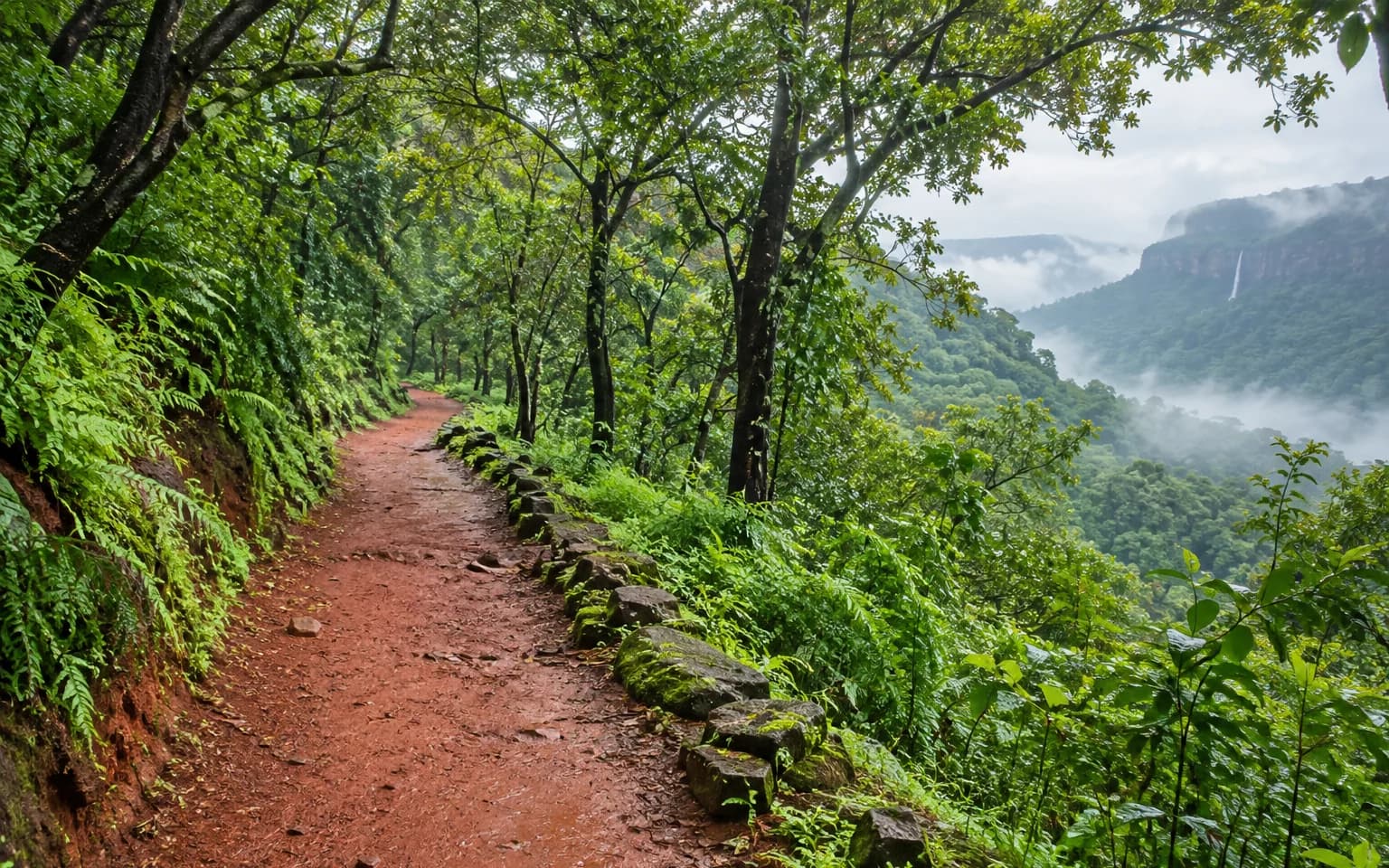 Red-earth walking trail winding through Matheran's misty green forest