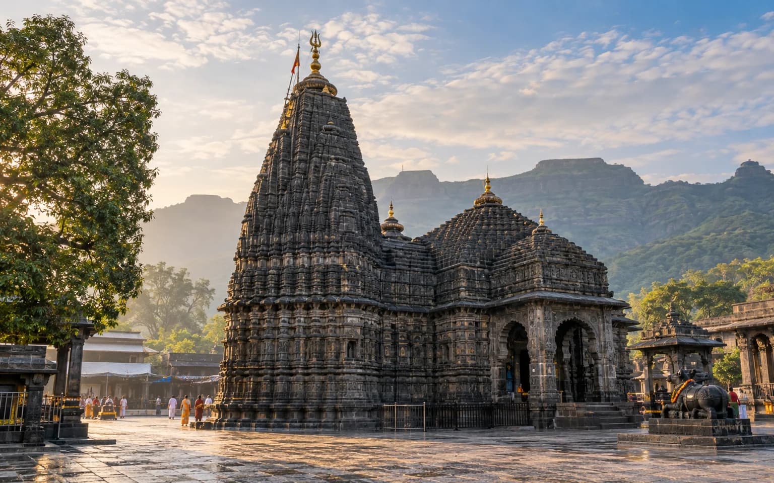 Dark-stone Trimbakeshwar temple beneath the Western Ghats