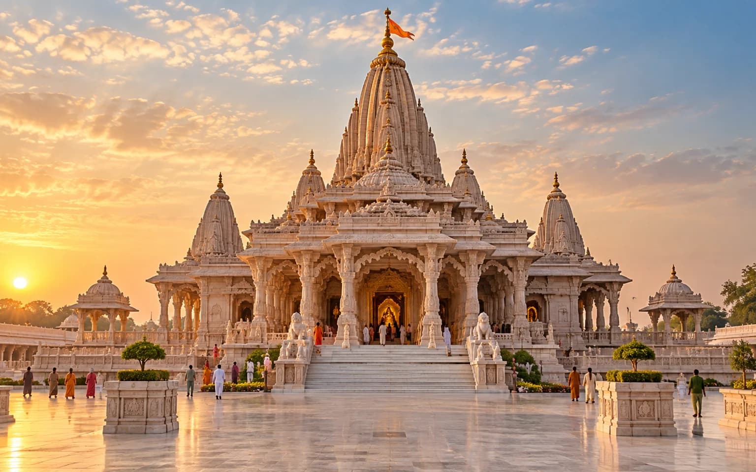 Grand pale-stone temple in Ayodhya illuminated by sunrise