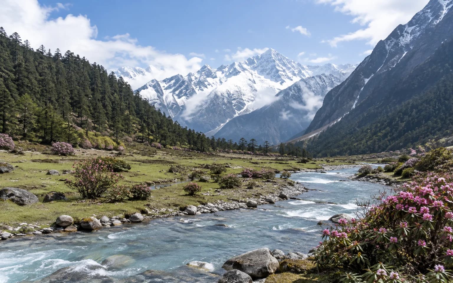 A river and spring flowers in Yumthang Valley