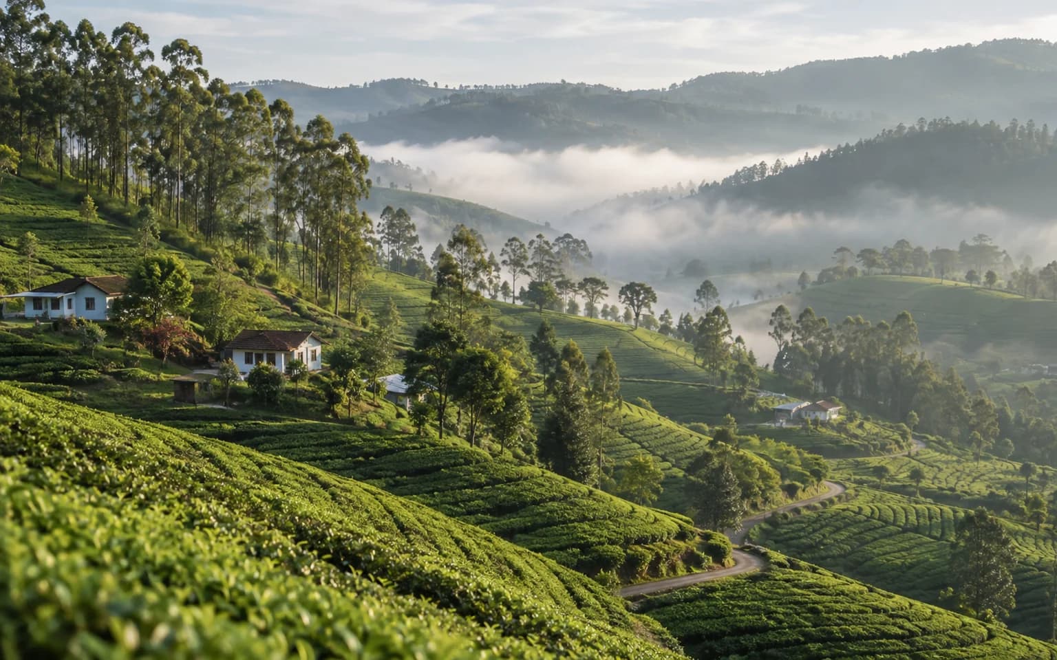 Tea-growing hills and morning mist near Ooty